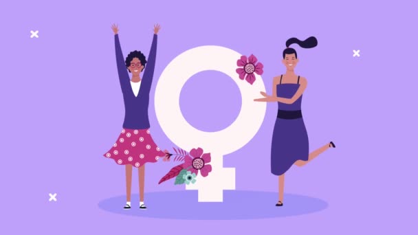 Happy womens Day kort med flickor par och kvinnlig kön symbol — Stockvideo