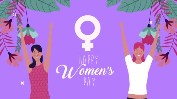 Feliz dia das mulheres lettering cartão com meninas celebrando e símbolo de gênero feminino — Vídeo de Stock