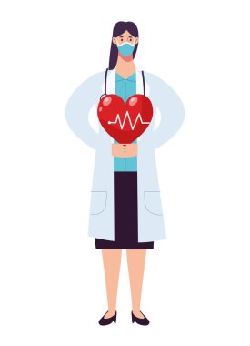 Kalp kardiyosuyla tıbbi maske takan kadın doktor