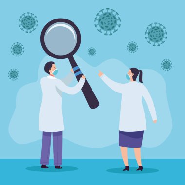 Büyüteçle yüz maskesi takan ve kovid19 parçacık taşıyan doktorlar.