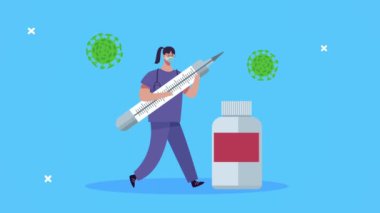 Kovid19 aşı şırıngası ve şişesi olan kadın cerrah