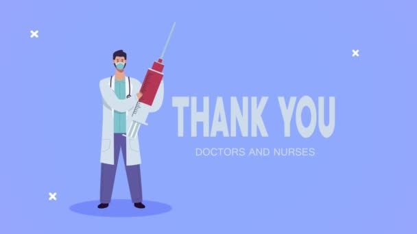 Dank u artsen en verpleegkundigen belettering met arts tillen vaccin — Stockvideo