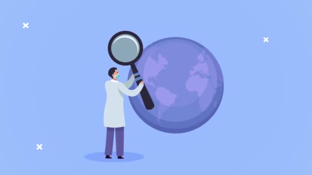 Doctor professional with magnifying glass and earth planet — Stock Video