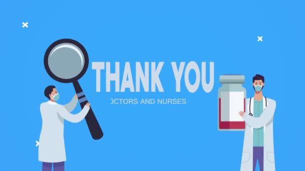 Tack läkare och sjuksköterskor bokstäver med förstoringsglas och vaccin injektionsflaskor — Stockvideo