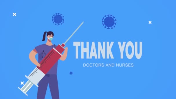 Merci médecins et infirmières lettrage avec chirurgien et vaccin — Video