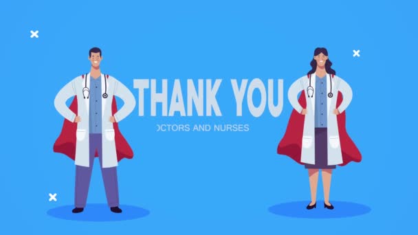 Tack läkare och sjuksköterskor bokstäver med läkare hjältar par — Stockvideo