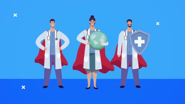 Professionals doctors heros characters icons — Stock Video