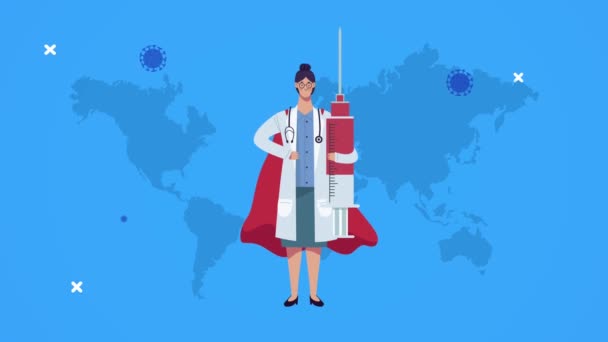 Female hero doctor with covid19 vaccine in earth planet — Stock Video