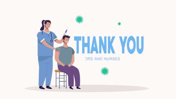 Thank you doctors and nurses lettering with nurse vaccinating patient — Stock Video