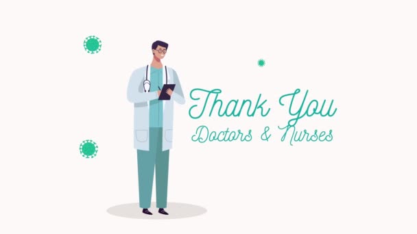 Tack läkare och sjuksköterskor bokstäver med läkare och covid19 partiklar — Stockvideo