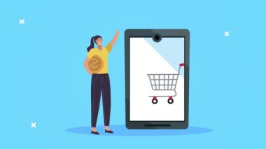 Akıllı telefondan alışveriş arabası başvurusu yapan genç bir kadın.