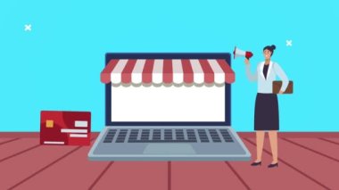 Dizüstü bilgisayarı ve kredi kartı ekomensi olan kadın işçiler