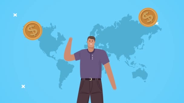 Бизнесмен с монетами на планете Земля — стоковое видео