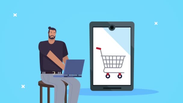 Homem de negócios usando laptop com carrinho de compras no smartphone — Vídeo de Stock