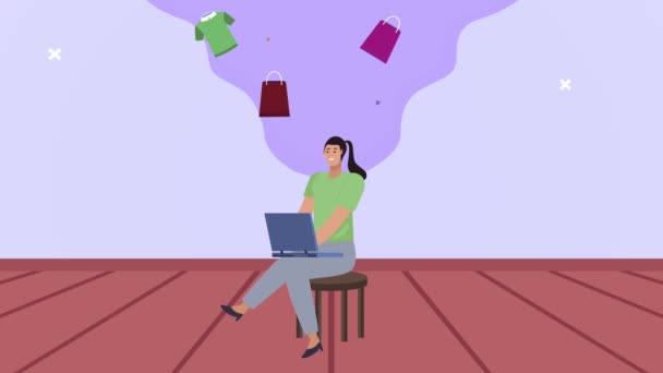 Работница, использующая электронную коммерцию ноутбуков — стоковое видео