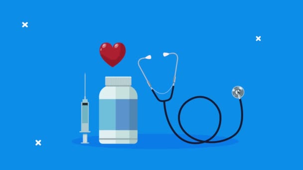 Medical stethoscope with heart and vaccine — Stock Video