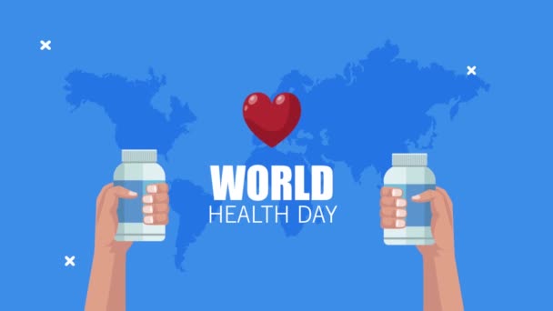World healthy day lettering with hands lifting medicine bottles — Stock Video