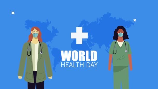 Világ egészséges nap betűző női orvosok pár — Stock videók