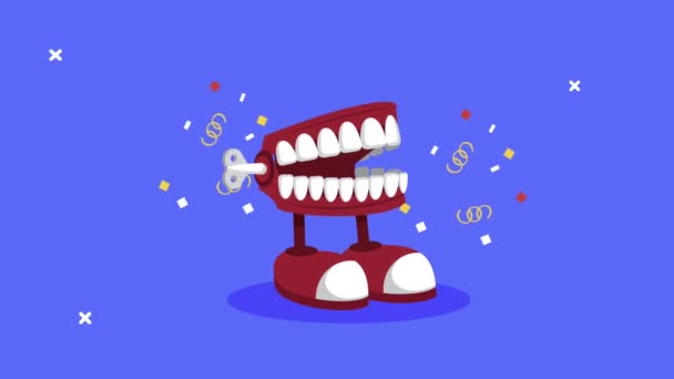 Lelucon denture berjalan dalam latar belakang biru — Stok Video
