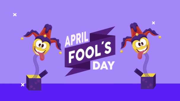 Kwietnia głupcy dzień literowanie z jokers pudełka niespodzianka — Wideo stockowe
