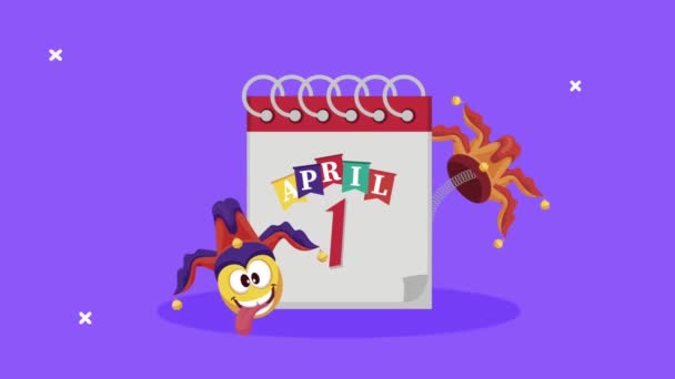 April dwazen dag belettering met nar emoji en kalender — Stockvideo