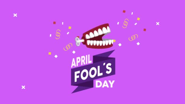 April fools day lettering with joke denture — Stock Video