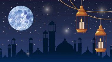 Ramazan Kareem kutlama sahnesi. Şehirde fenerler asılı.