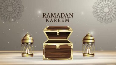 Ramazan Kareem harfleri altın sandık ve fenerlerle yazılmış.