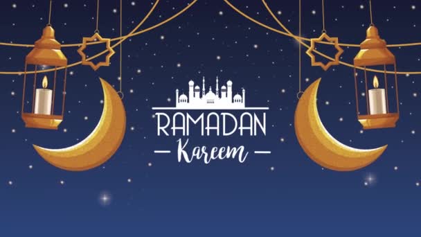 Ramadan kareem lettering with golden lanterns and moons — Stock Video