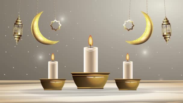 Scena di celebrazione del Ramadan Kareem con candele e lune d'oro — Video Stock