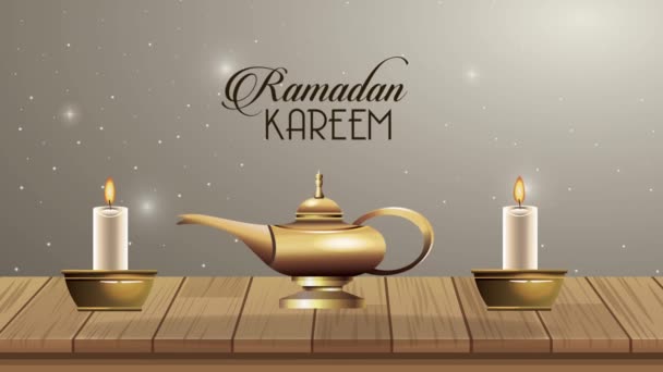 Ramadan kareem belettering met magische lamp en kaarsen — Stockvideo