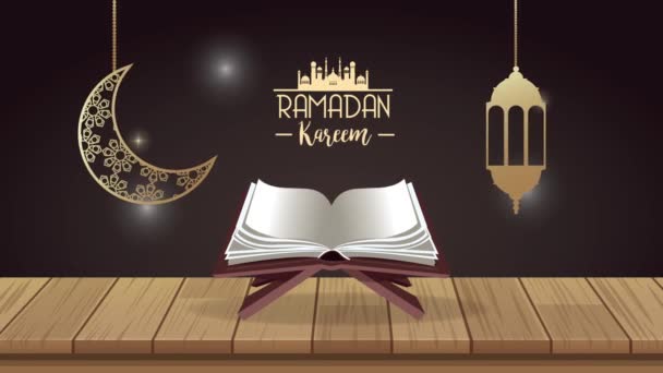 Ramadán kareem písmo s koránem a lucernou visí — Stock video