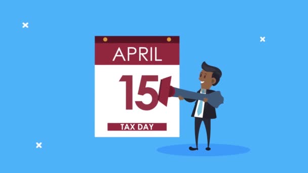 Animação dia fiscal com calendário e empresário — Vídeo de Stock