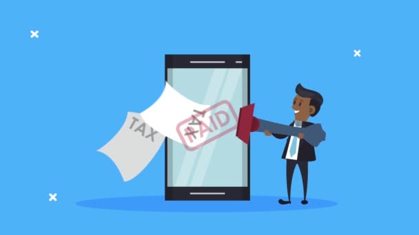 Akıllı telefon ve işadamlarıyla vergi günü animasyonu — Stok video