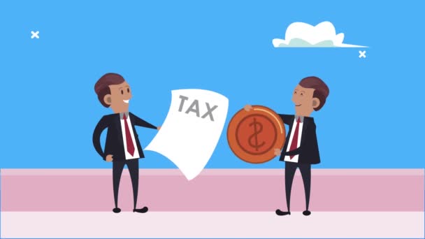 Анимация в день налогообложения с бизнесменами, поднимающими документы и монеты — стоковое видео