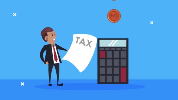 Tax day animation with businessman and calculator — Stock Video