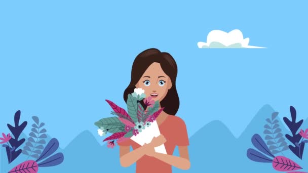 花の花束を持つ若い女性 — ストック動画