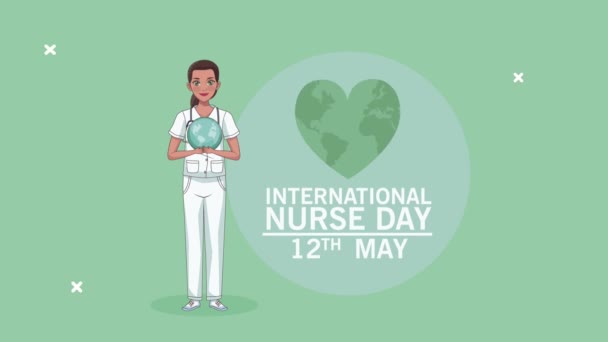 Internationale verpleegkundige dag belettering met hart planeet — Stockvideo