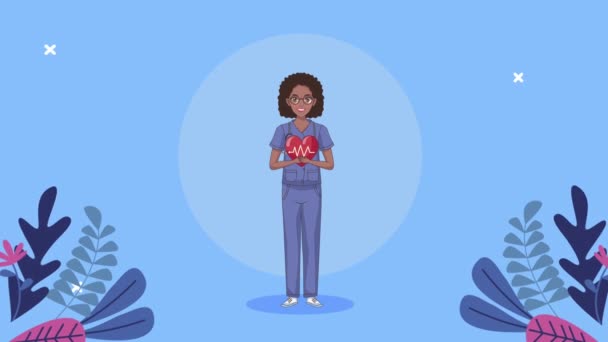 Afro verpleegster tillen hart cardio karakter — Stockvideo