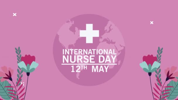 International nurse day lettering with flowers and earth planet — Stock Video