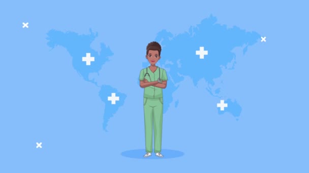 Afro verpleegster met stethoscoop karakter — Stockvideo