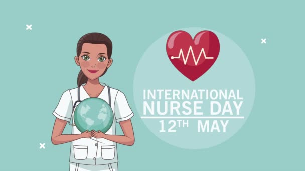 Internationale verpleegkundige dag belettering met hart en planeet aarde — Stockvideo