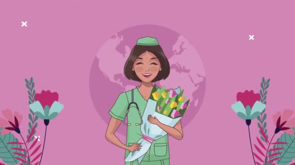 Verpleegster met bloemen boeket karakter — Stockvideo