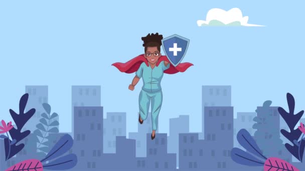 Afro held verpleegster vliegen op de stad karakter — Stockvideo
