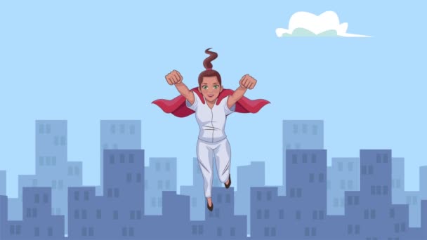 Held verpleegster vliegen op de stad karakter — Stockvideo