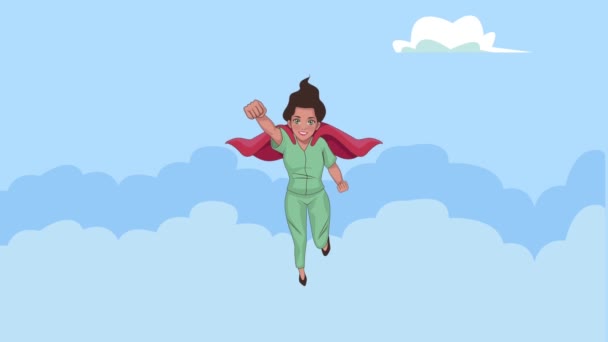 Held verpleegster vliegen in de lucht karakter — Stockvideo