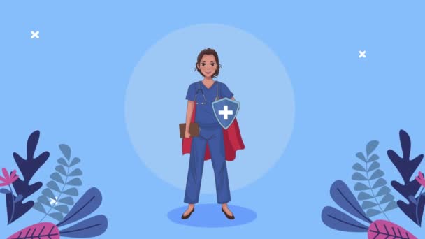 Held verpleegster staan met schild karakter — Stockvideo