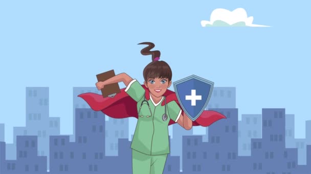 Held verpleegster lopen met schild op de stad karakter — Stockvideo