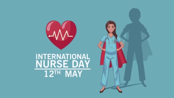 Internationale verpleegkundige dag belettering met held cape en hart cardio — Stockvideo