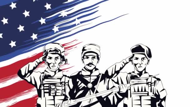 Щасливий день пам'яті з солдатами у прапорі США — стокове відео